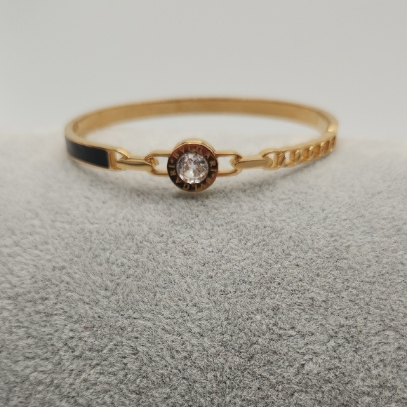 18k Gold Plated Stainless Steel Bangle Bracelet, Simulated Diamond , Black